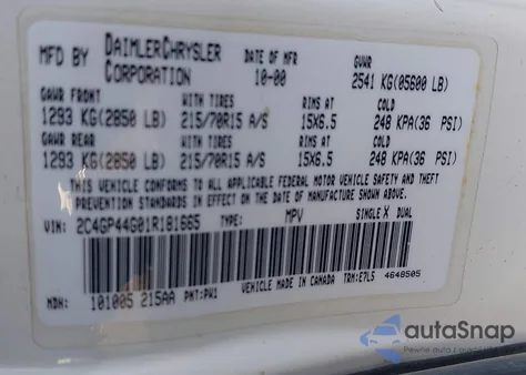 2001 Chrysler Town & Country Lx z USA, uszkodzony, nr VIN 2C4GP44G01R181665